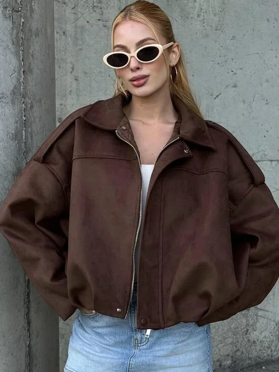 Women's Faux Suede Bomber Jacket Oversized Batwing Long Sleeve Zip Up Coffee - Picture 2 of 6